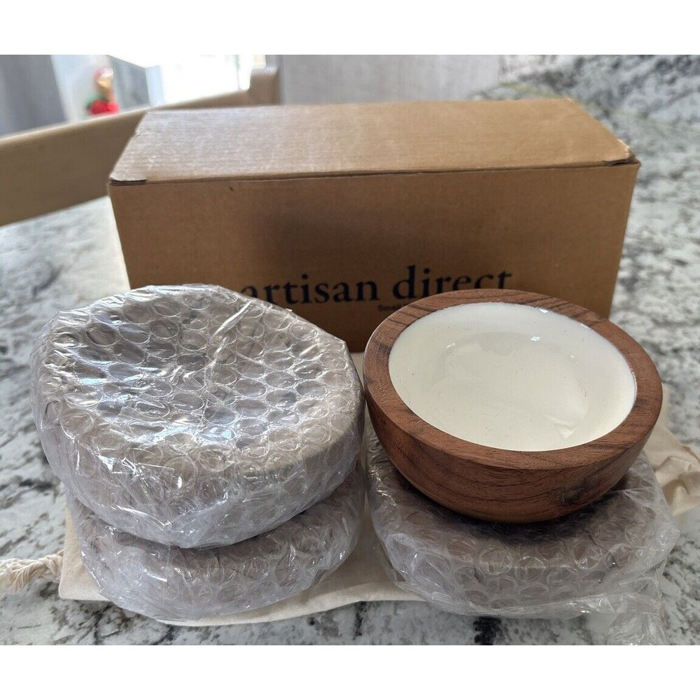 Artisan Direct Set Of 4 (4in) Wooden Bowls Ethically Made In India Acrylic Inset